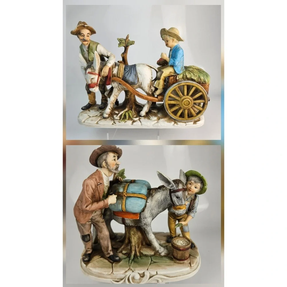 Vintage Set of 2 Donkey Cart Figurines Man Boy Far Donkey Scene‎ Rustic See Desc